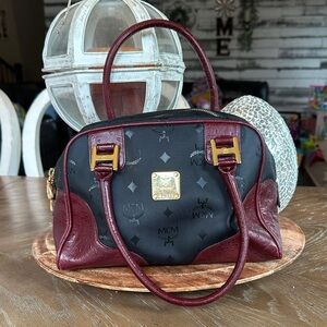 MCM Black and Burgundy nylon hand leather Satchel